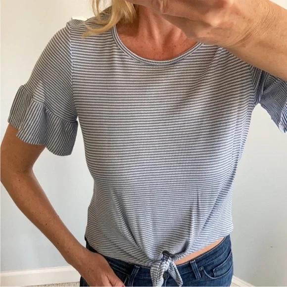 Blue & White Stripe Ruffle Sleeve Top - Picture 6 of 10